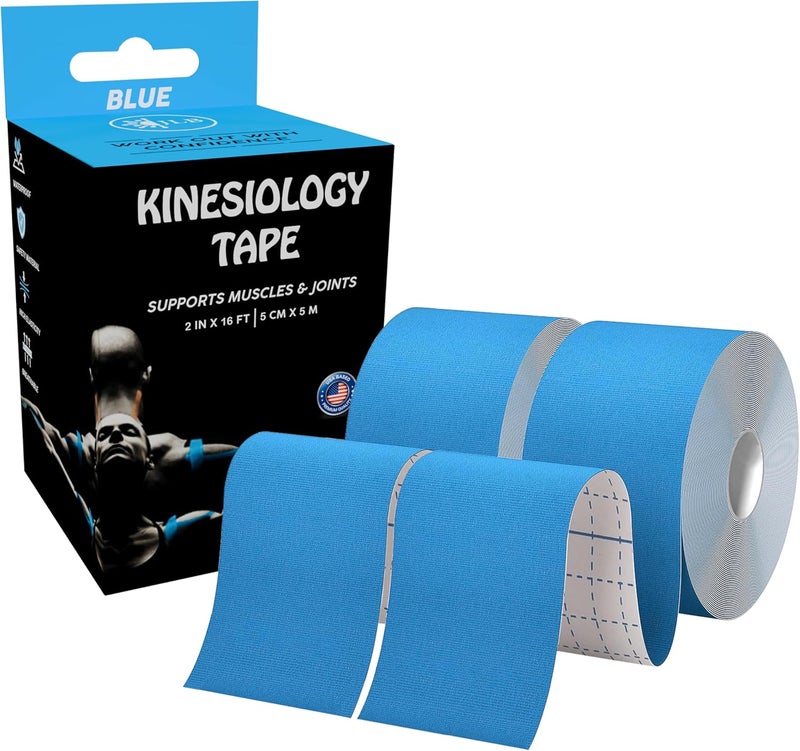 JLB Kinesiology Tape – 2 Rolls (16ft Each) – Strong Adhesion, Waterproof & Sweatproof – Latex-Free Sports Tape for Pain Relief, Muscle Support & Recovery – Physical Therapy & Athletic Tape (Blue) - Image 1
